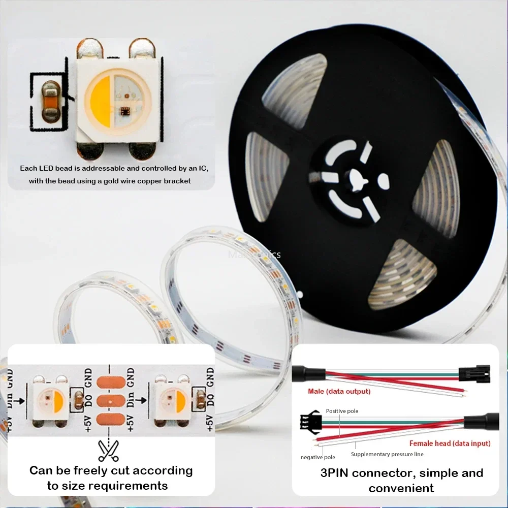 Tira de luces Led inteligente, cinta de luz de píxel, IC IP30 direccionable Individual/144, DC5/12V, SK6812, RGBW/RGBWW, 4 en 1, 30/60/65/67 Led/m