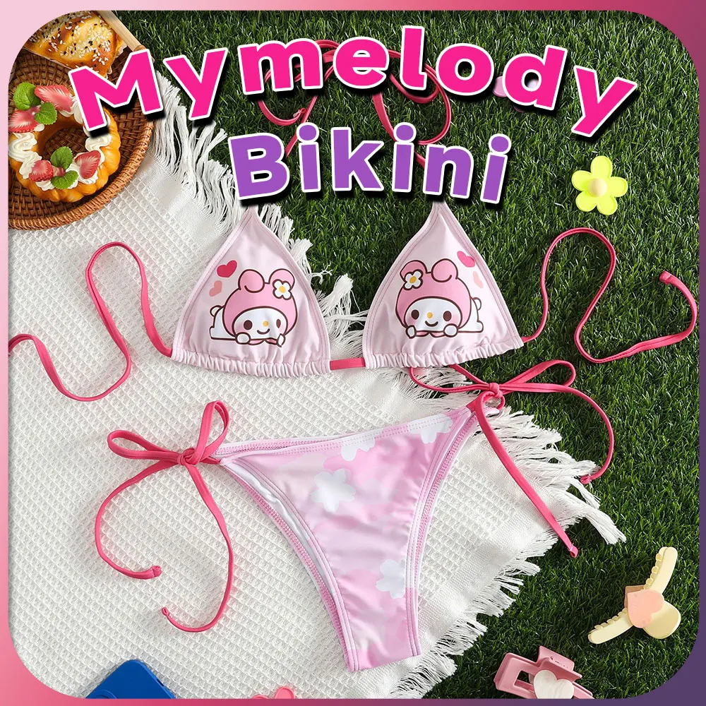 Kawaii Hello Kitty Bikini Set Two Piece Sanrio Kuromi My Melody Y2k Anime Women Girl Swimsuit Bathing Swimwear Beach Clothes