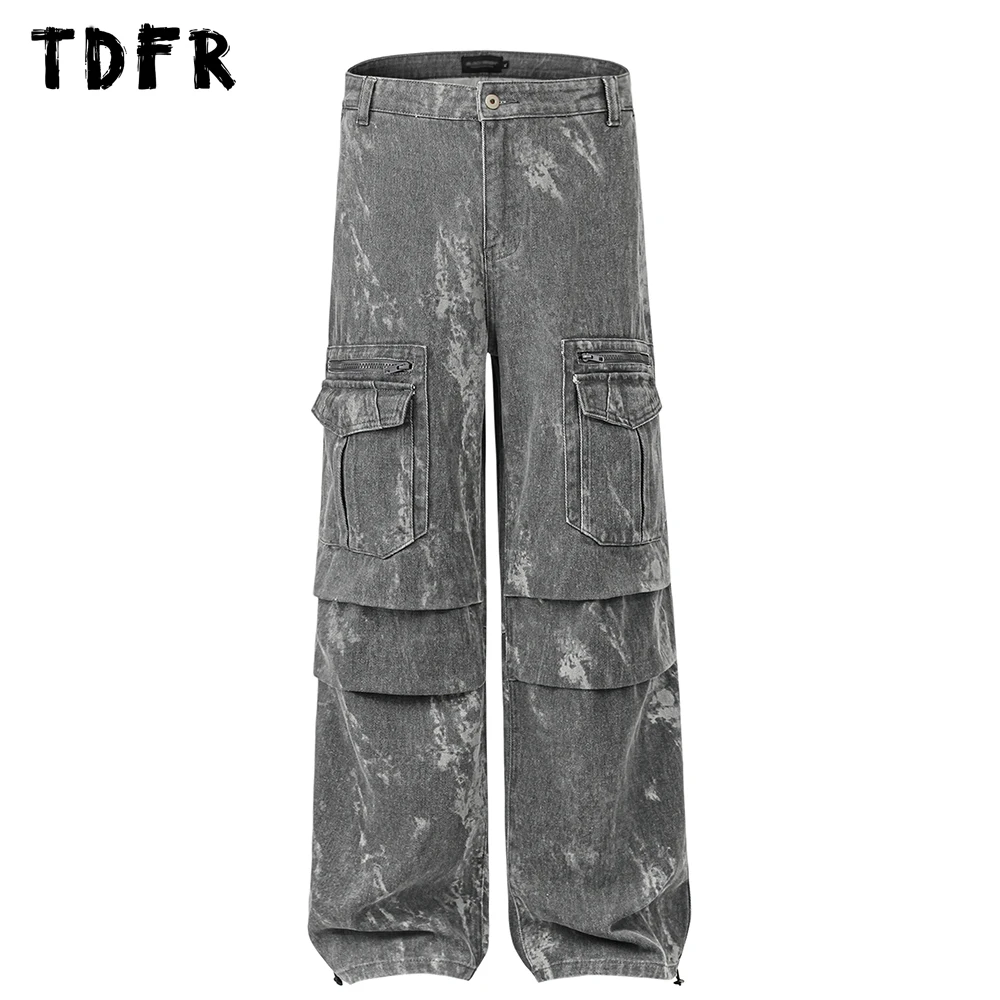 

Multi-Pocket Cargo Joggers Pants Mens Safari Style Distressed Straight Wide Leg Casual Trousers Men