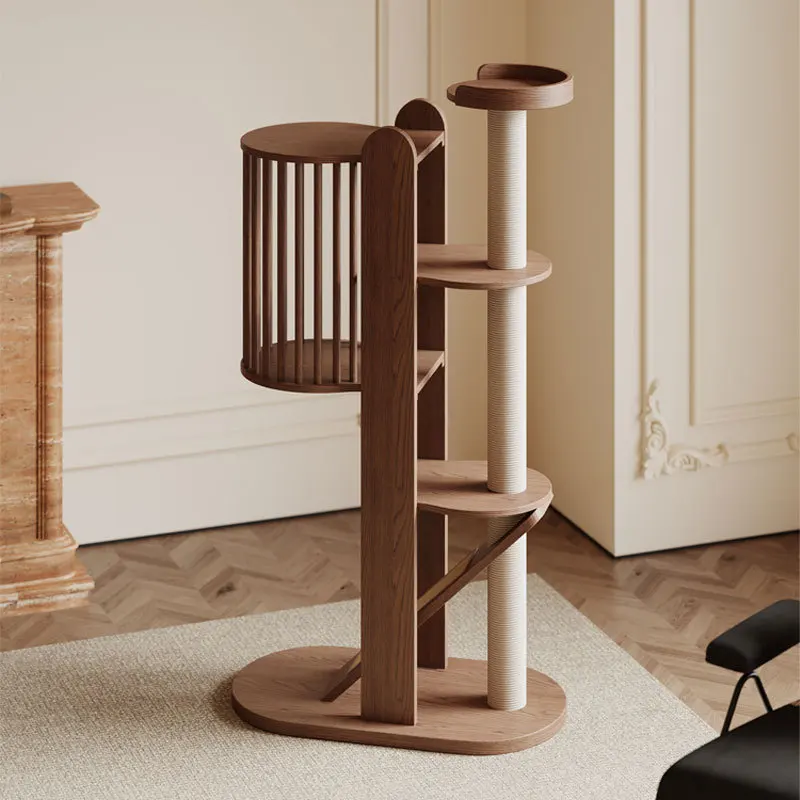 

Cat tree, scratching post, cat bed, and cage combo - walnut finish - for home use