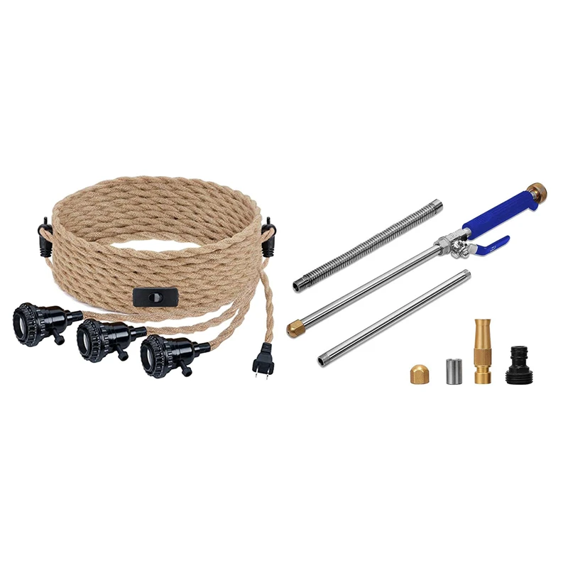 1 Set Light Cord Kit With Independent Switch Hemp Rope & 1 Set Power Washer Wand, Watering Sprayer Cleaning Tool