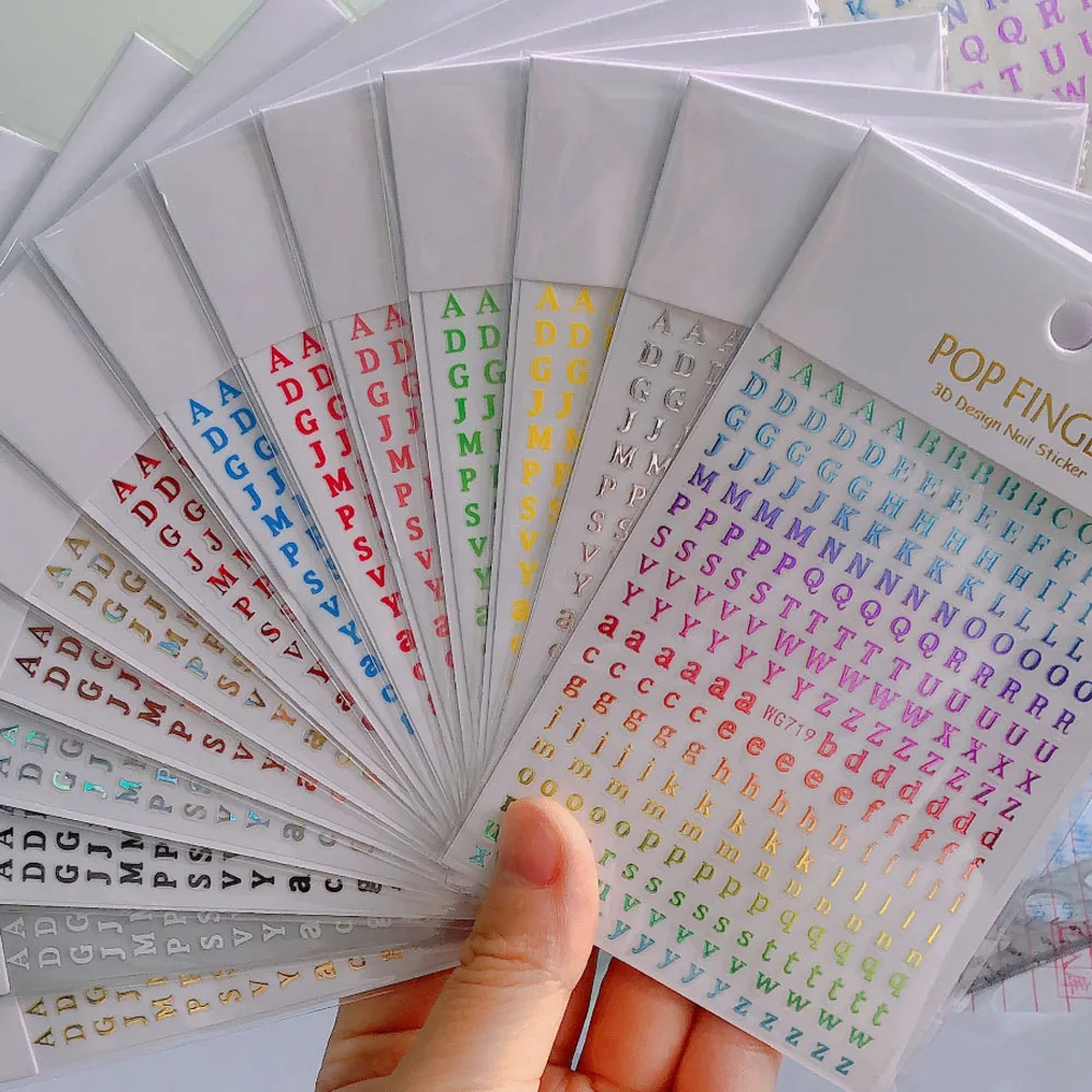 3D 숫자 영어 알파벳 네일 아트 데칼 자체 접착 레이저 골드/실버/다채로운 슬라이더 레트로 올드 레터 네일 스티커