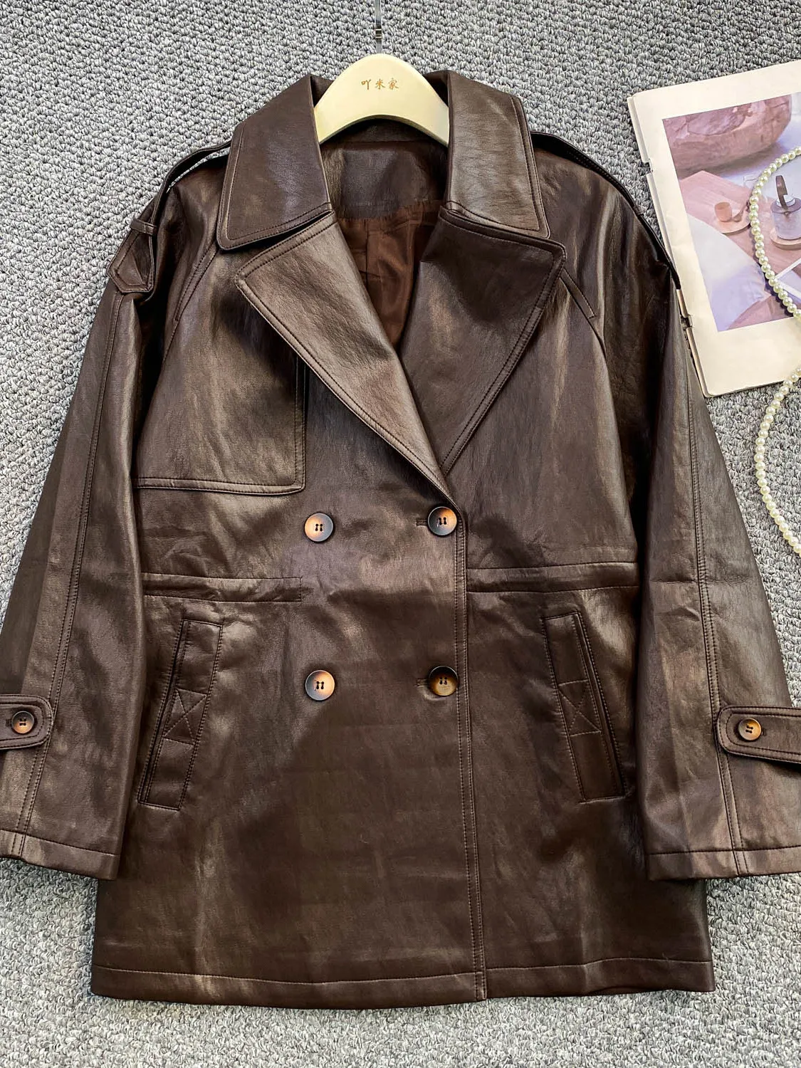 معطف Bury Retro للدراجات النارية من الجلد Jaet للنساء للشتاء طويل رائع وزر إغلاق ملابس خارجية فضفاضة قابلة للتنفس #2