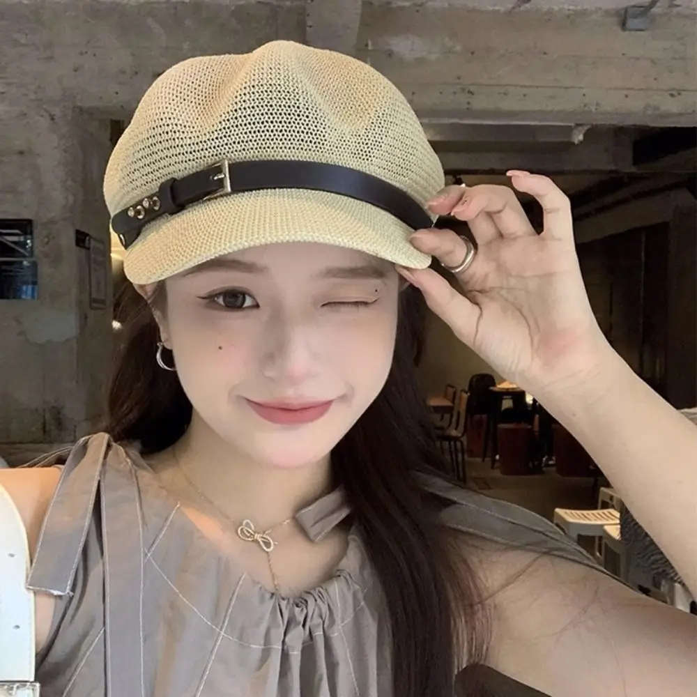 

New Breathable Women's Beret Thin Knitted Octagonal Hat Hollow Mesh Female Baseball Cap Beach