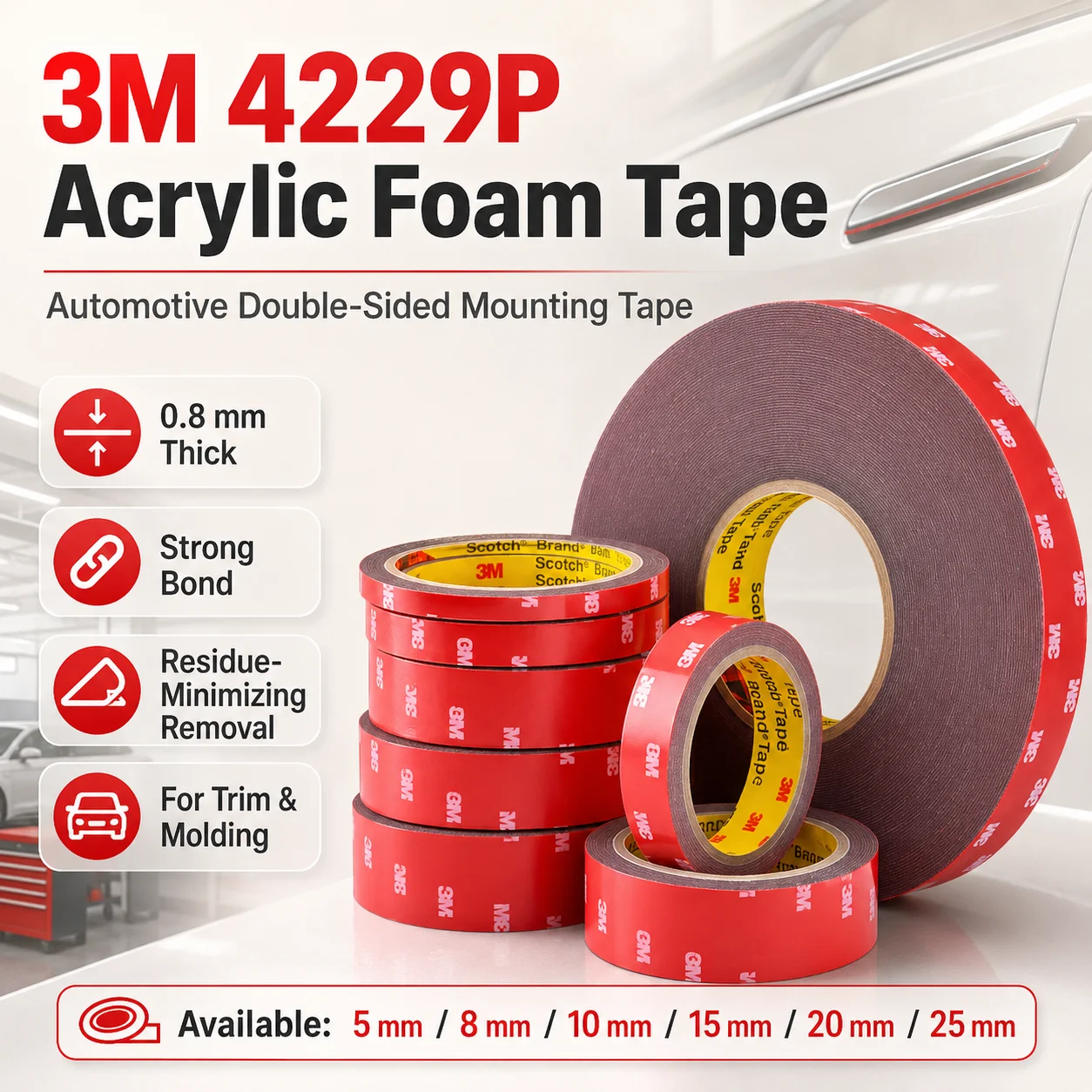 3M 4229P Double Sided Acrylic Foam Tape Strong Adhesive for Car Trim Molding Emblem Rain Guard 0.8mm x 3m