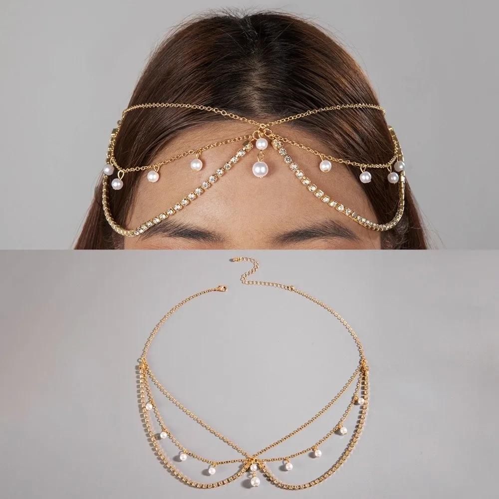 Simulated Pearl Luxury Forehead Headpiece Long Tassels Rhinestone Crystal Bohemian Hair Chain Multi-Layer Vintage