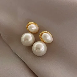 Minar Elegant Double Imitation Pearl Hanging Dangle Earrings for Women Femme Gold Plated Alloy Statement Party Holiday Jewelry
