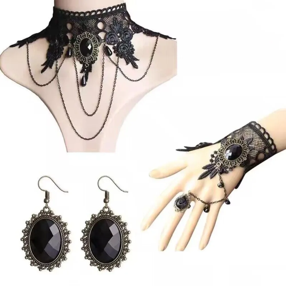 4pc Gothic Punk Teardrop Pendant Lace Bracelet Ring Set