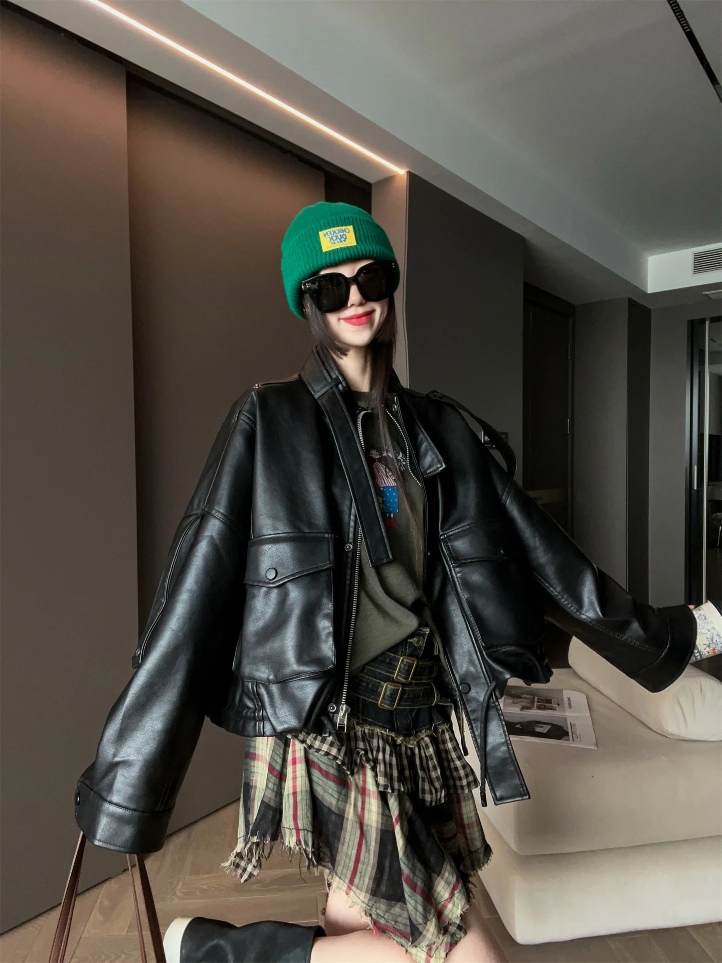 Modieus of dun leer gemaakt jack voor dames herfst winter losse veelzijdige kleine maat top MRS AO casual sle-rits...