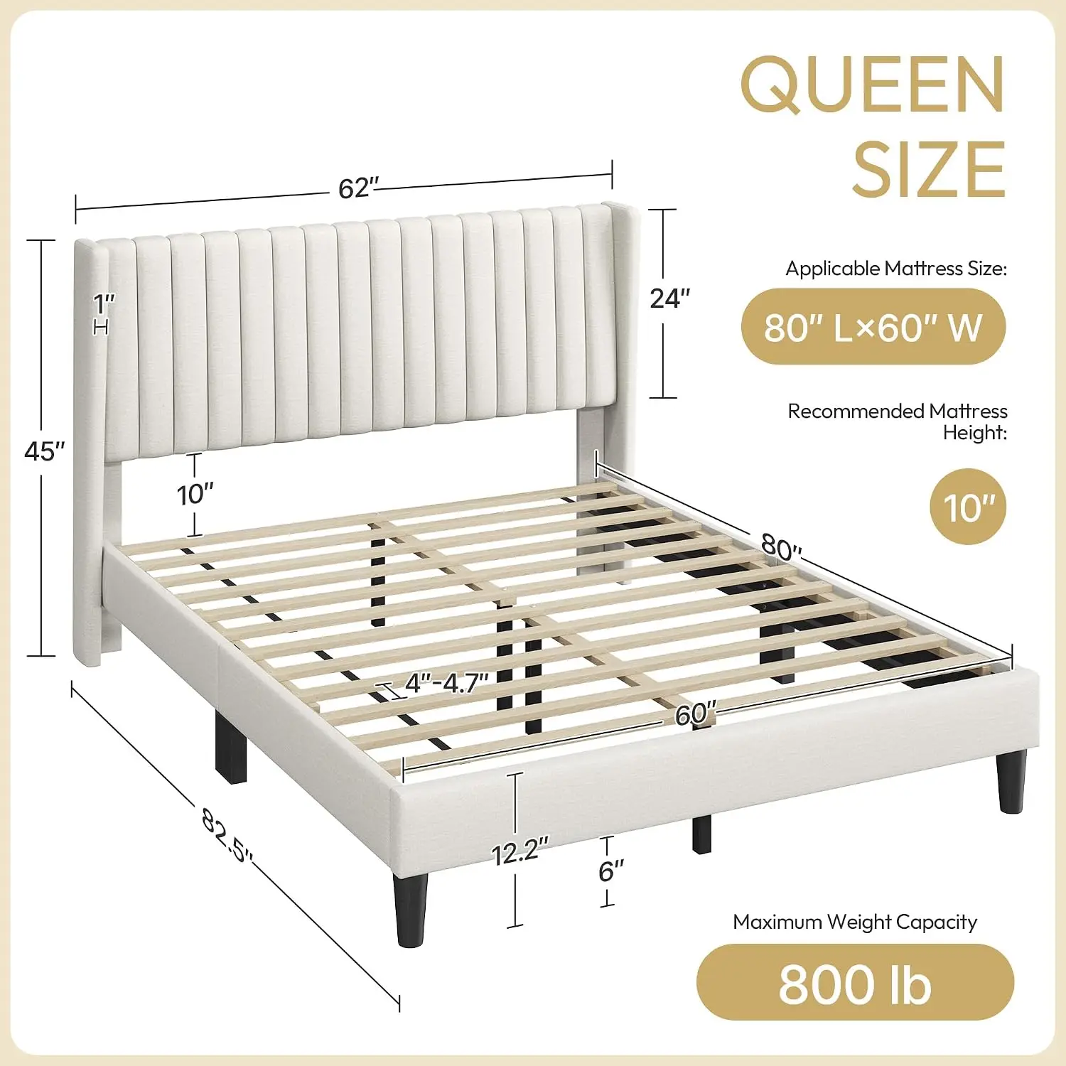 Ivory Channel-Tufted Queen Platform Bed Frame with Headboard - Durable Wood Construction, Upholstered Linen Blend, Easy Assembly, Silent Support & 6