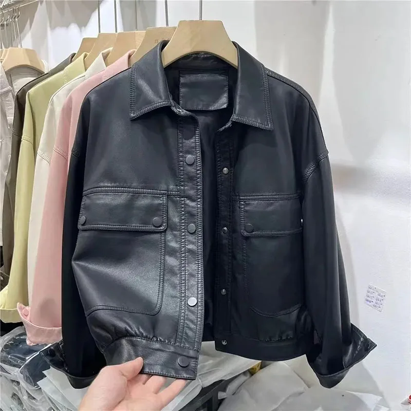 New Spring Autumn Joker PU Leather Jacket Pocket Loose Leisure Lapel Button Leather Jacket Warm And Comfortable Leisure Jacket