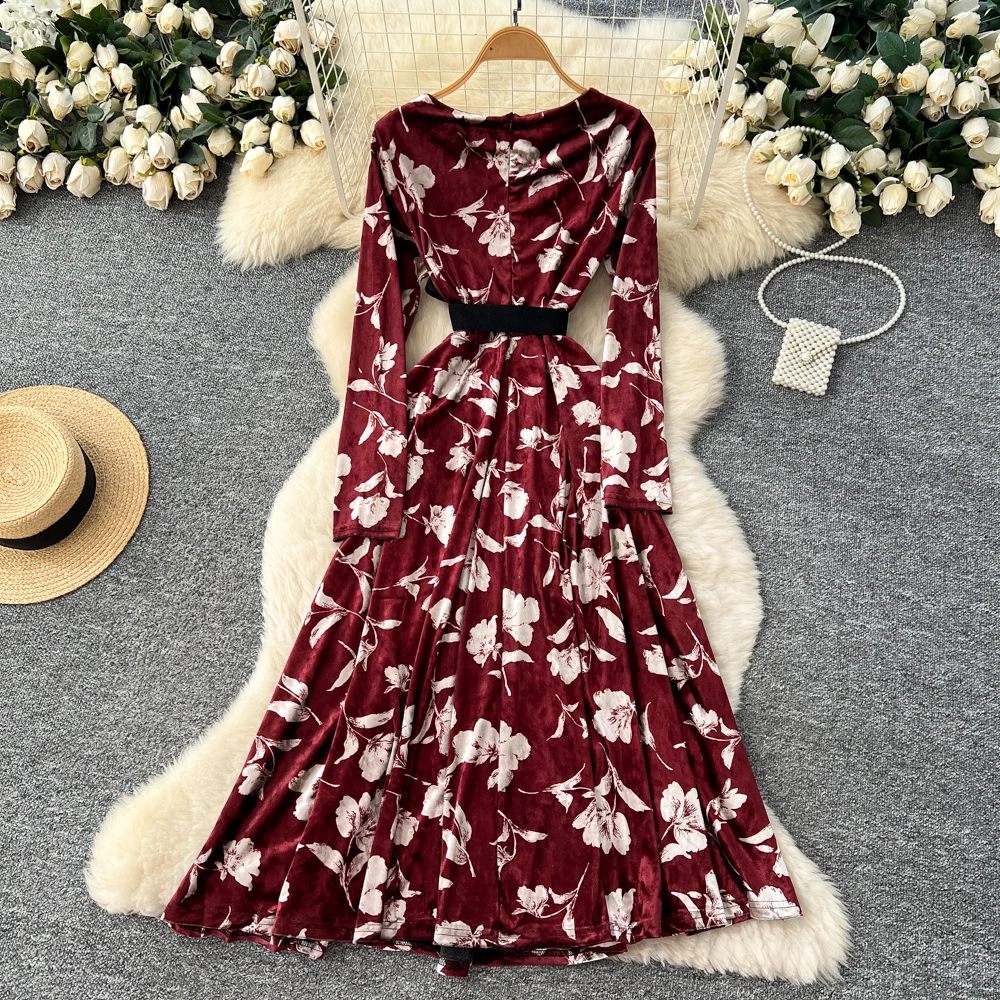 ชุดเดรสพิมพ์ลายแขนยาวสไตล์วินเทจ สวยหรู เซ็กซี่ สำหรับผู้หญิง ใส่ไปงานปาร์ตี้ แฟชั่นเกาหลี สไตล์แฟรี่คอร์