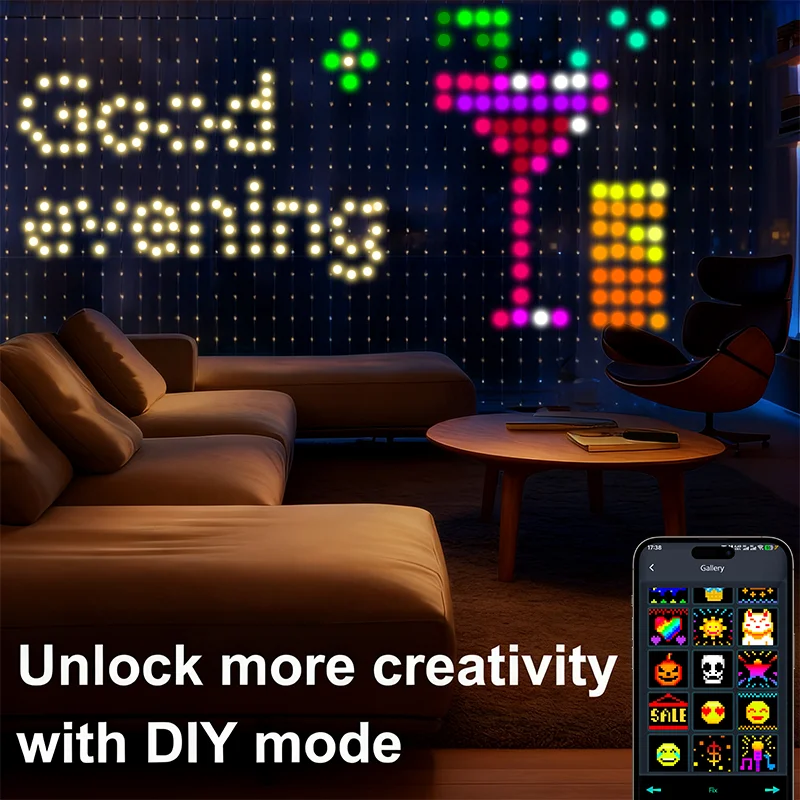 Smart Curtain Lights LED Fairy Lights App Remote Control Music Sync DIY Pattern Text IP67 Waterproof for Birthday Party Decor
