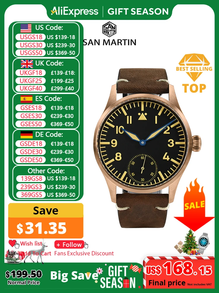 San Martin 41mm Cusn8 Bronze Pilot Watch NH35 Automatic Mechanical Men Watches Military Simple Sapphire 10Bar Leather Relojes