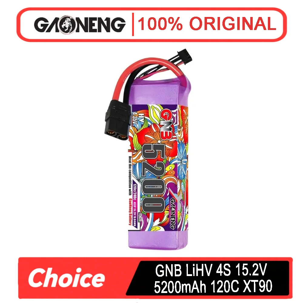 

Литиевая батарея GAONENG GNB LiHV 4S 15,2 В, 5200 мАч, 120C с разъемом XT90, подходит для дронов и квадрокоптеров FPV.