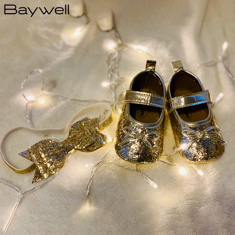 

Baywell Sequins Baby Shoes Leather Toddler Baby Girl First Walkers Sets Headband Bow-knot Soft Sole Hook & Loop Bling Crib Shoes