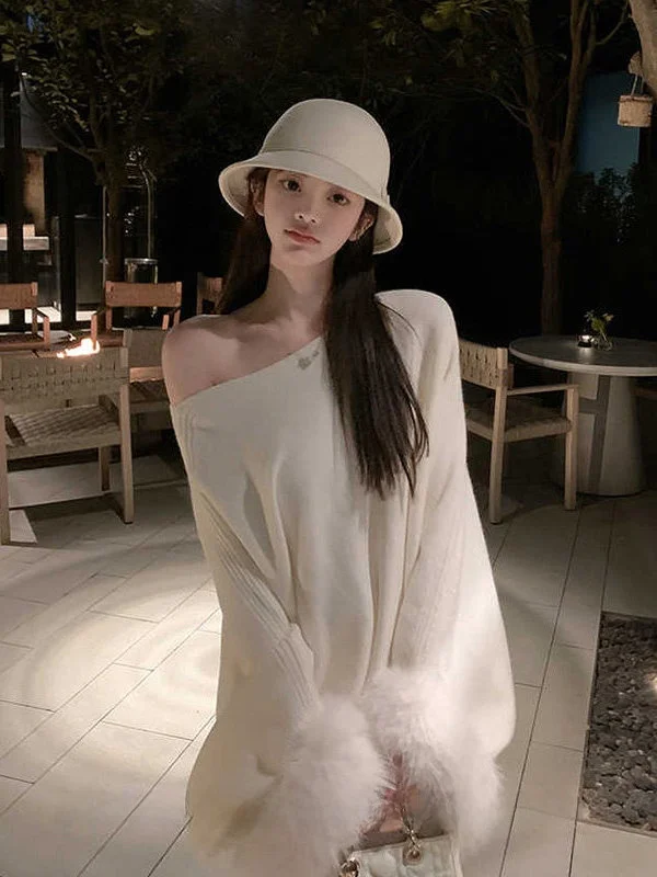 

Белое асимметричное пальто с запахом и запахом, женский свободный свитер Lazy Sle, элитный вязаный свитер, осенний сезон, модный