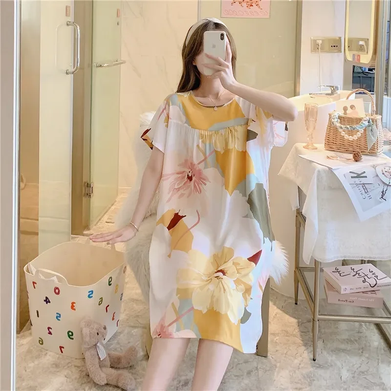 

Летняя хлопковая шелковая ночная рубашка, женская домашняя одежда, пижамы с короткими рукавами и мультяшным принтом, большой размер, весенне-осенняя домашняя одежда