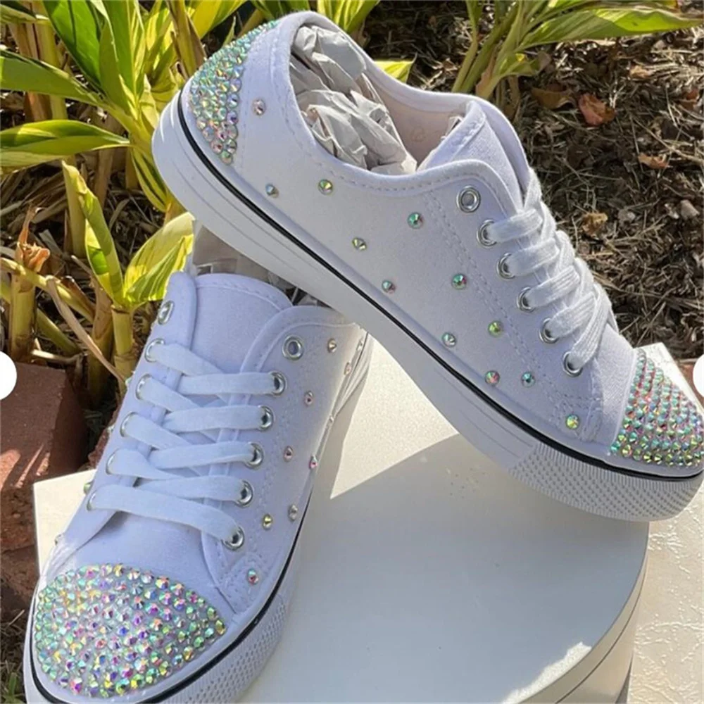 White low-top color rhinestone accessories custom style canvas shoes sports leisure banquet wedding women\'s shoes 35-46