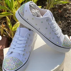 White low-top color rhinestone accessories custom style canvas shoes sports leisure banquet wedding women's shoes 35-46