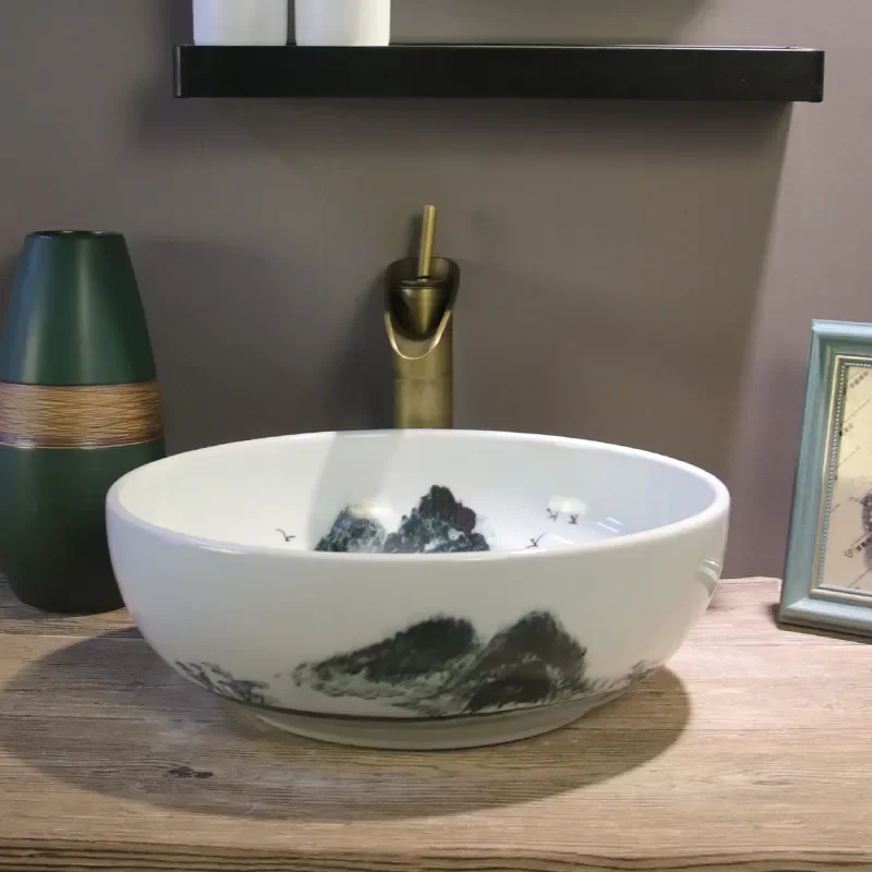 for Retro Table Basin Hand Painted Lotus Ceramic Wash Basin New Chinese Antique Art Face Wash Single Basin Household
