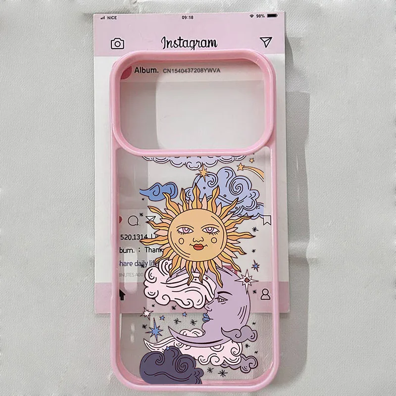 Fashion Sun Moon Face Pattern Phone Case For iPhone 17 Pro Max 16 15 14 13 12 11 XR XS 7 8Plus Black Purple Clear Hard Cover Bag