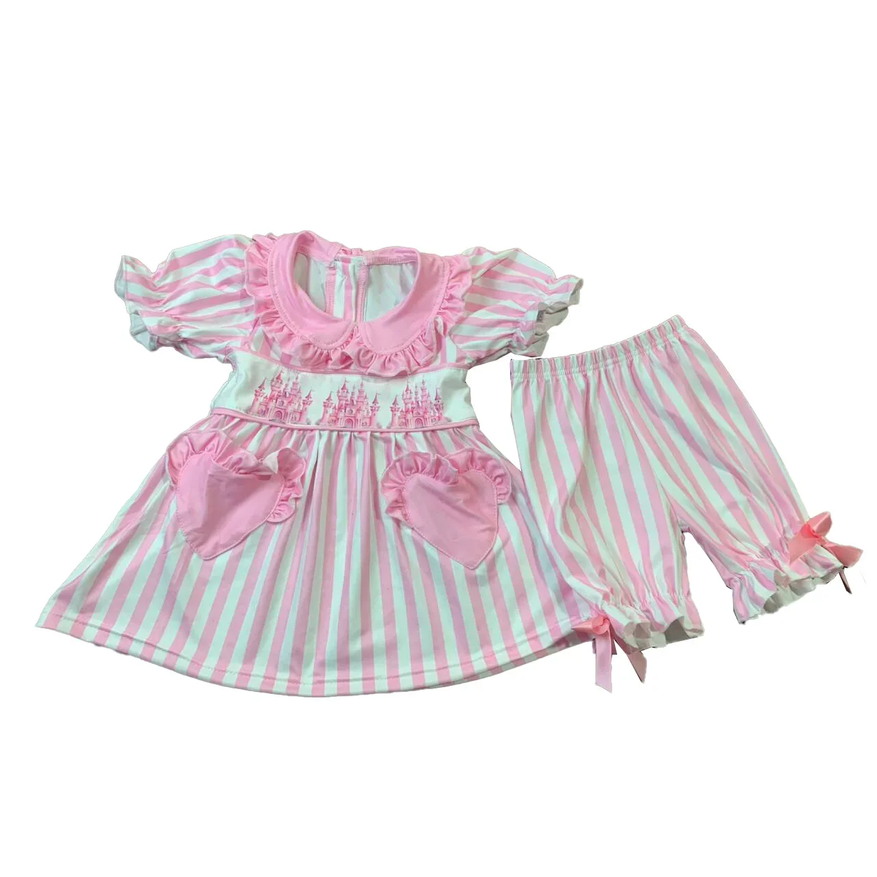 Boutique Pink Stripes Girls Castle Outfits Kids Pajamas Clothing Shorts Girls Princess Sets