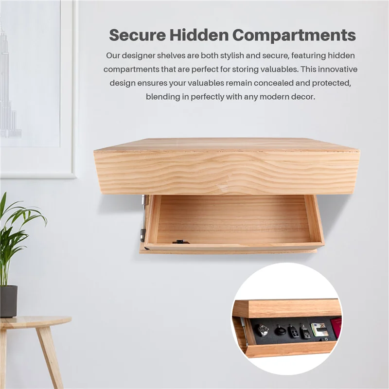 AT13 Wall Mounted Wood Color Bookshelf With Flip Design Secret Compartment For Contemporary Home Decoration