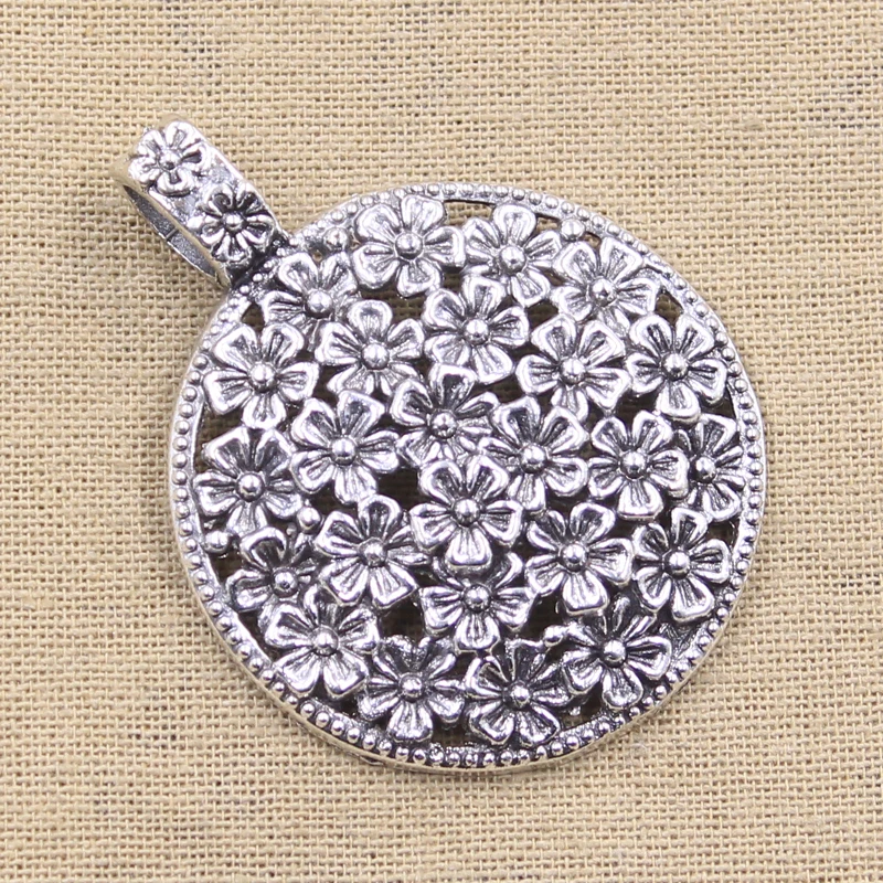 2pcs Charms Large Flower Covered Disc 58x45mm Antique Silver Color Plated Pendants Making DIY Handmade Tibetan Finding Jewelry