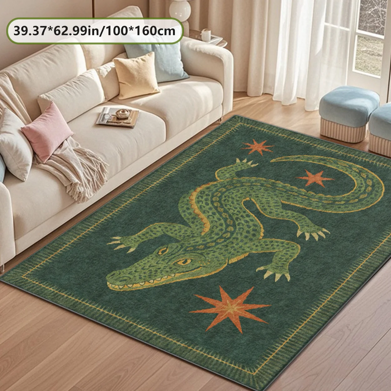 VIKAMA Rectangular Vintage Crocodile Rug Dark Green Star Pattern Soft Fluffy Non Slip Living Room Sofa Retro Animal Floor Mat