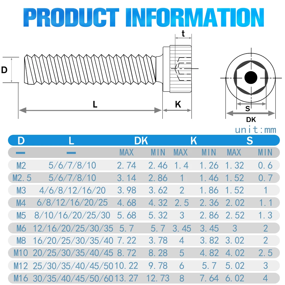 육각 소켓 헤드 캡 나사, 304 A2 라운드 스테인리스 스틸, ISO7380 알렌 볼트, DIN912, M2, M2.5, M3, M4, M5, M6, M8, L = 4-55mm, 5-55 개