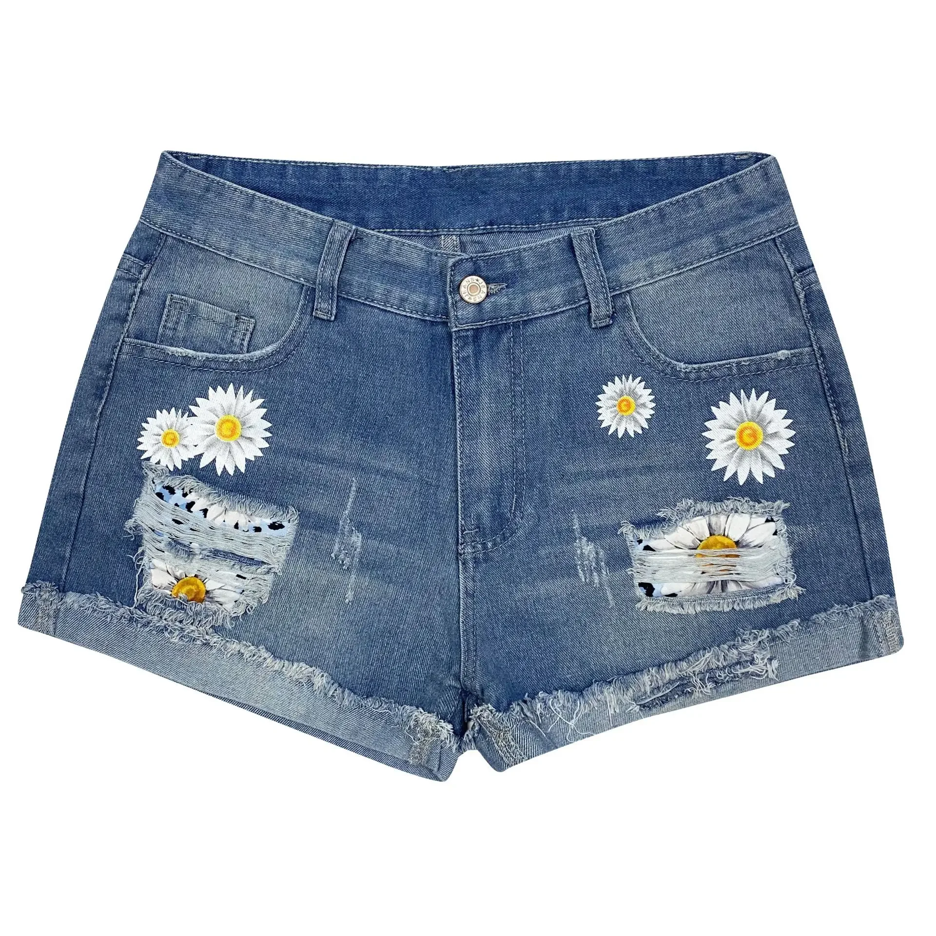 2025 Women NEW Summer Printed women's Denim Shorts With ripped Fringe Female Denim Shorts