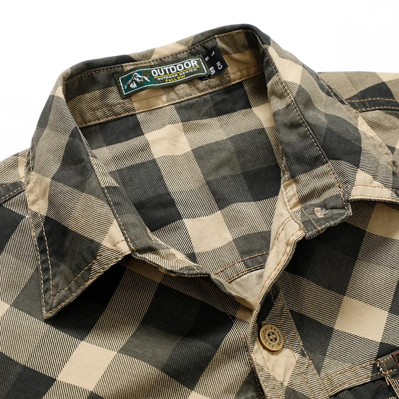 メンズ レトロ ワークウェア チェック柄シャツ 純綿 マルチポケット カジュアル ルーズ 長袖 春新作