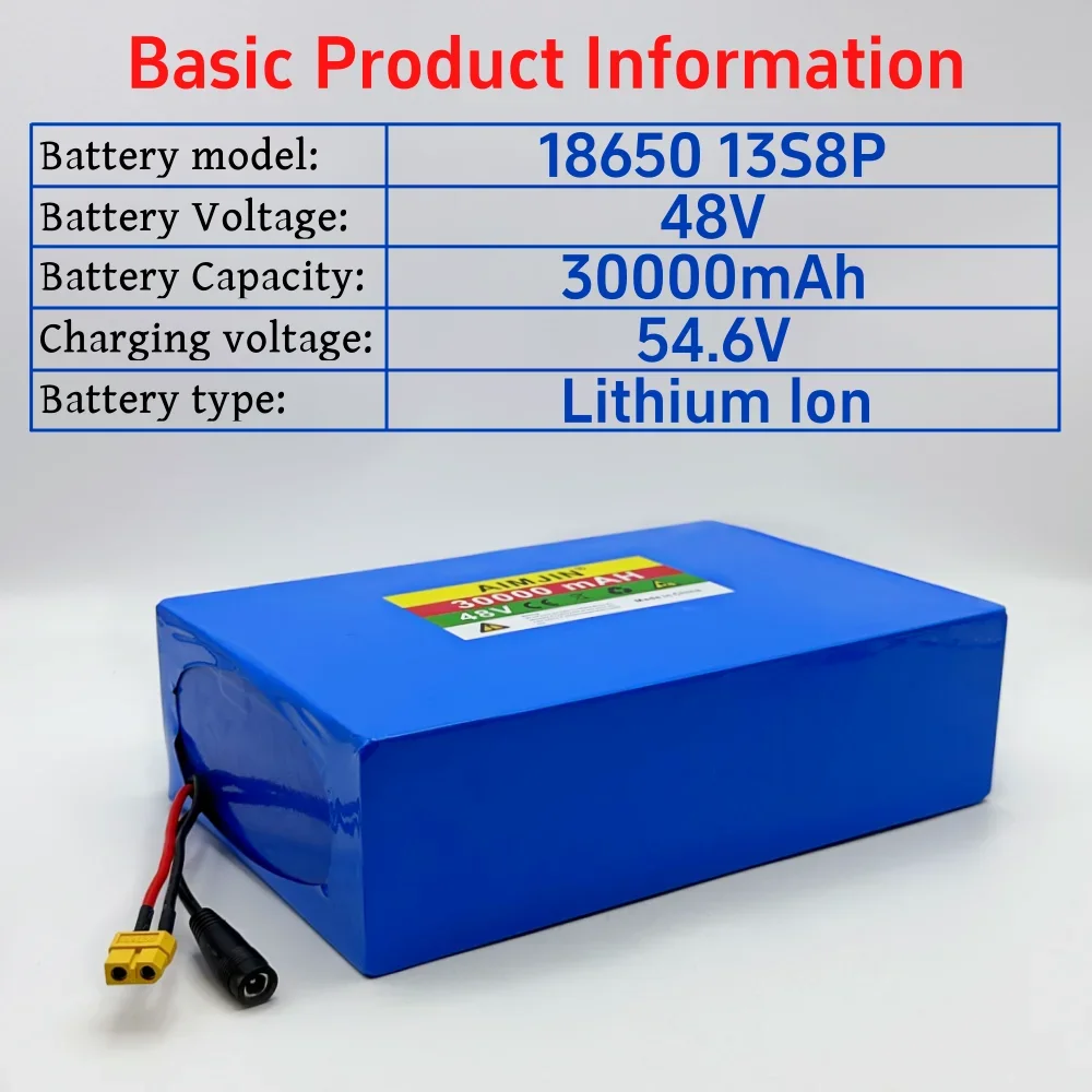 48V 30000mAh Battery 18650 13S8P Lithium Battery Pack 2000W Electric Bicycle Battery with Built-in 50A BMS With 54.6V Charger