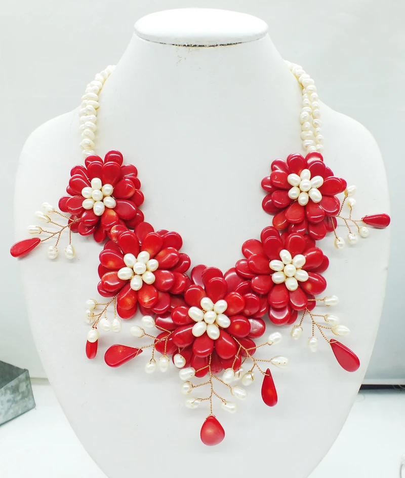 

top fashion, red coral. pearl flowers Necklace (only one necklace)