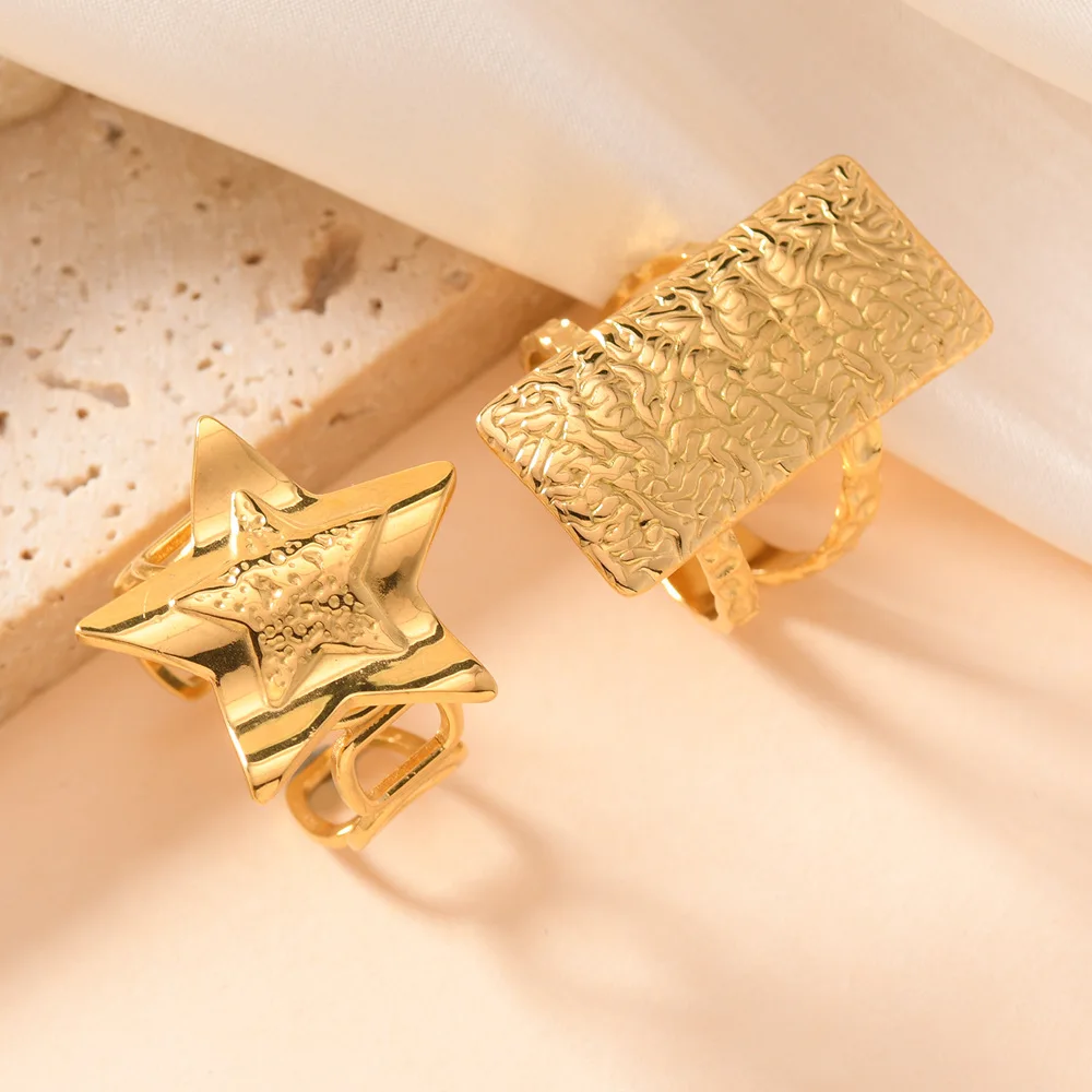 

2pcs/set 18K Gold Plated Titanium Steel Star Oblong Shaped Open Ring for Women Lover Fashion Vintage Jewelry Gifts Wholesale