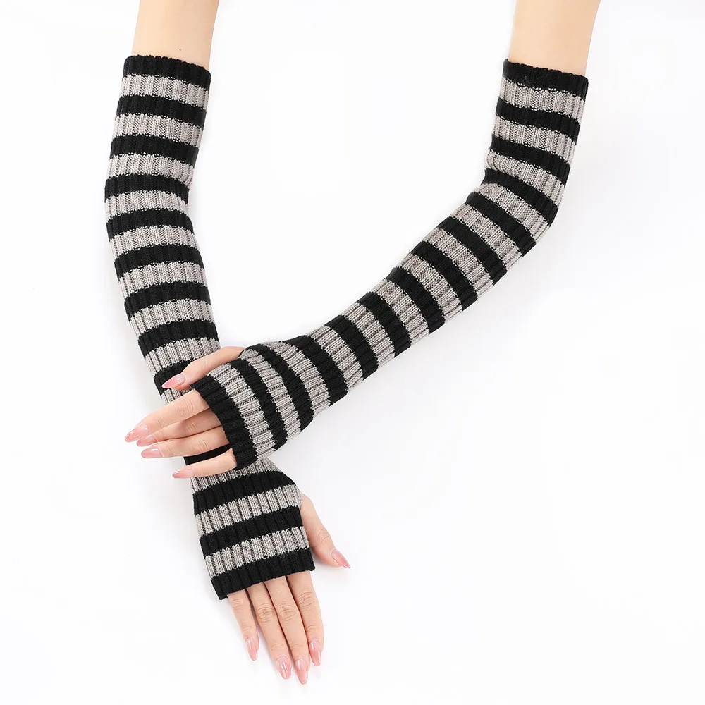 Y2K Autumn Winter Knitted Arm Warm Gloves Goth Arm Warmers Half Finger Long Wrist Gloves False Sleeves Stripe Elbow Gloves