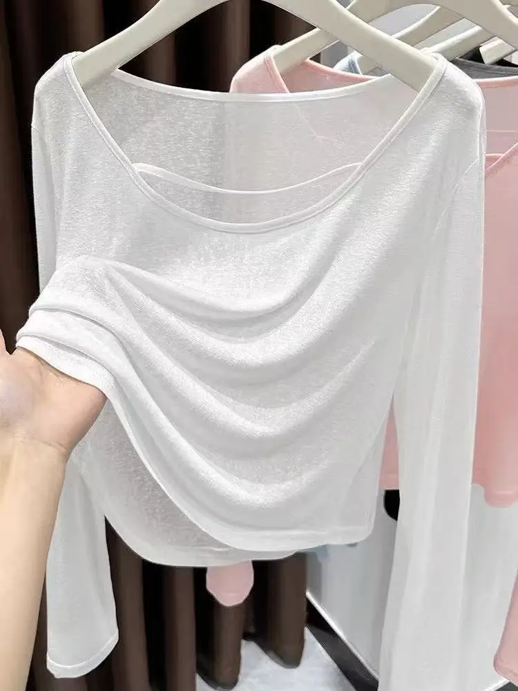 Summer New Loose Jazz Dance Knitted Base Shirt Women's Long Sleeve Ice Sensation Short Length Sun Protection Cover up