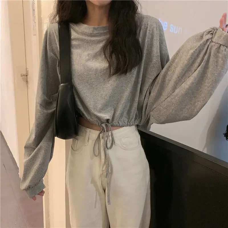 

Shirts Women Cropped Ins All-match Slim Daily Ulzzang New Arrival Teenagers Spring Chic O-Neck Solid Casual Design College Soft