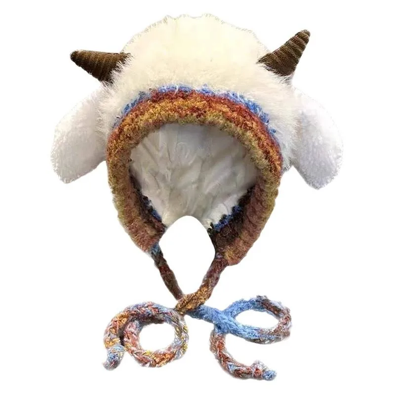 لطيف سميكة أفخم محبوك قبعة الفتيات شتاء دافئ سدادات حماية الأذن قبعة صغيرة المرأة مريحة القرن البلوز القبعات