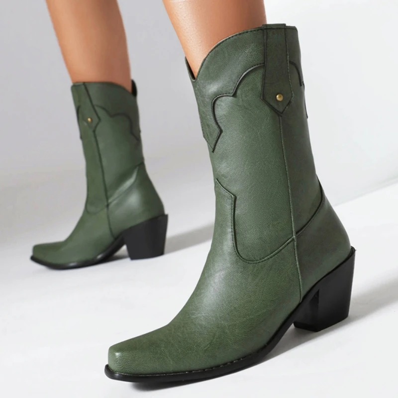

Women's Ankle Boots Autumn Winter Shoes Western Cowboy Boot Black Green Red Square toe Block Low Heels Footwear Water-proof
