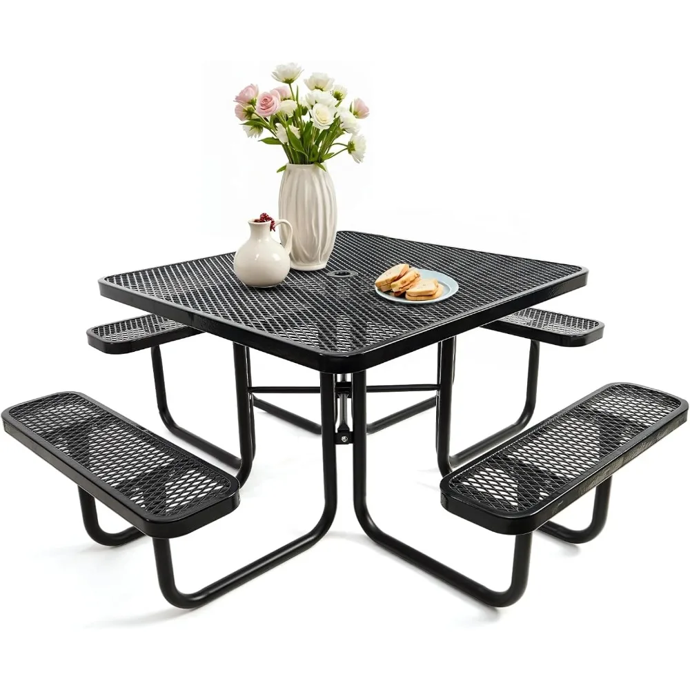 

47'' Heavy-Duty Metal Picnic Tables with Umbrella Hole, Outdoor Steel Heavy Duty Commercial Grade Black Table, Outdoor Bench Set