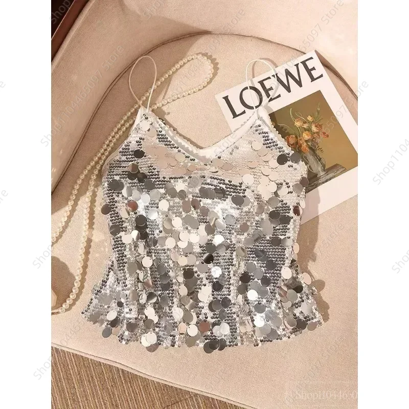 여성용 우아한 스팽글 슬링 서스펜더, 섹시한 스파이스 걸 슬림핏 뷰티 백 캐미스 탑, 프랑스 스타일, 여름 2024 신상