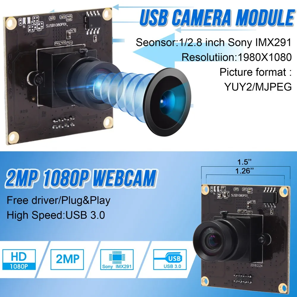 ELP 2MP High Speed USB3.0 Camera Module 1080P 50fps Industrial Camera Low Light Mini USB3.0 Webcam with No Distrotion Lens