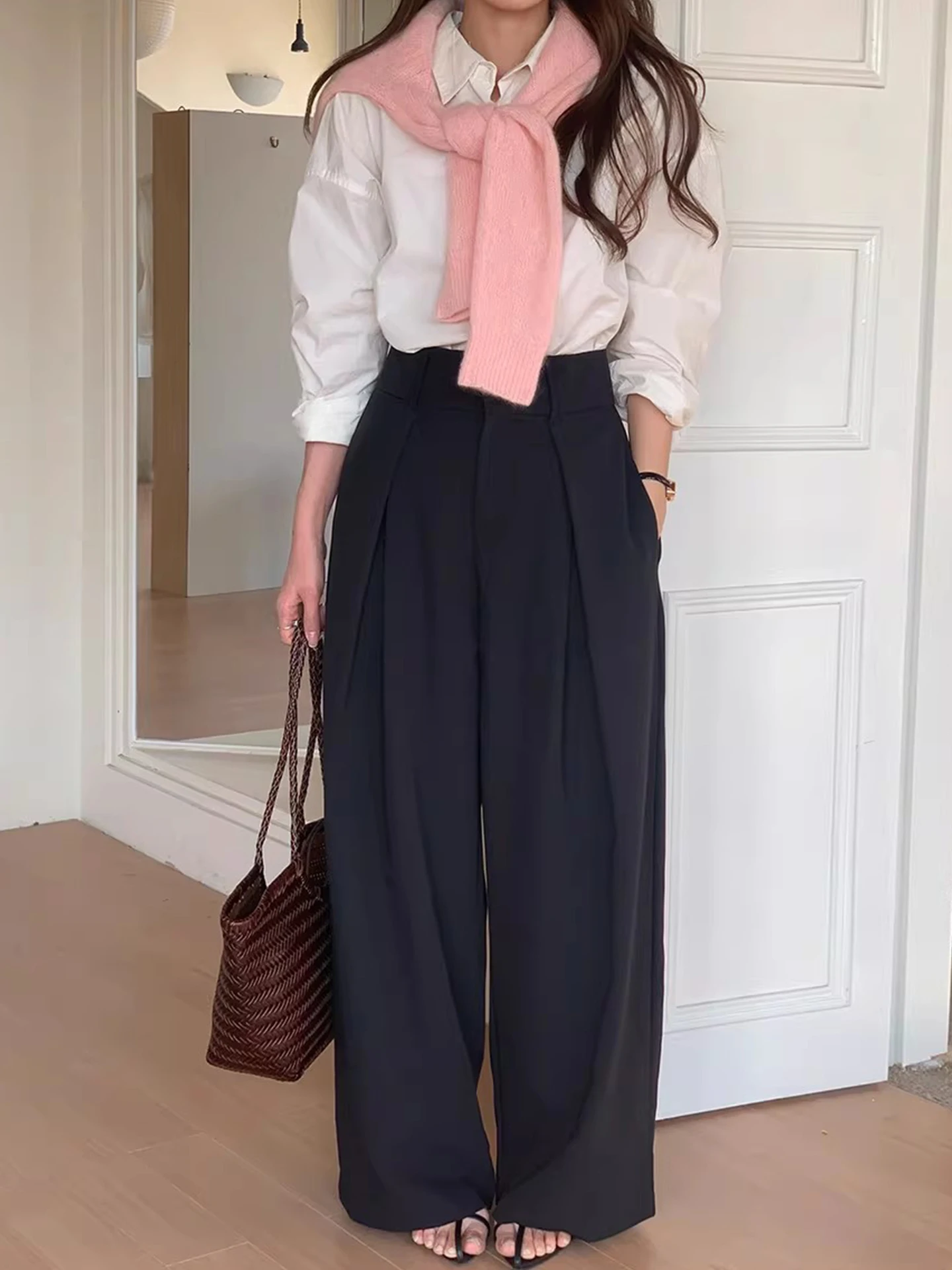 Pantalon de costume décontracté à jambe large de couleur unie pour femme, nouveau printemps, ample, polyvalent, taille élastique, pantalon décontracté coréen, style décontracté pour le travail