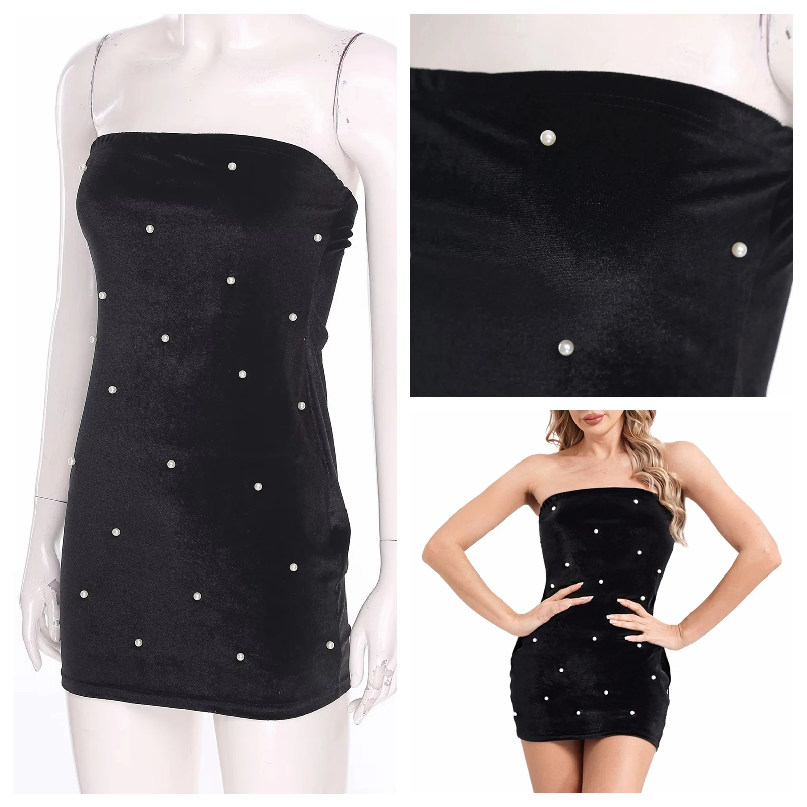 セクシーなレディースプロムチューブドレス、シックなストラップレスミニドレス、フェイクパール付きノースリーブベルベットボディコンドレス、レディースウェディングクラブパーティードレス