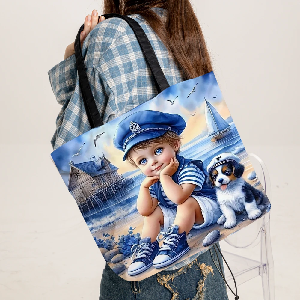 

4pcs Girl and Dog Linen Tote Bag Handbag Large Women Shopping Shoulder Bags