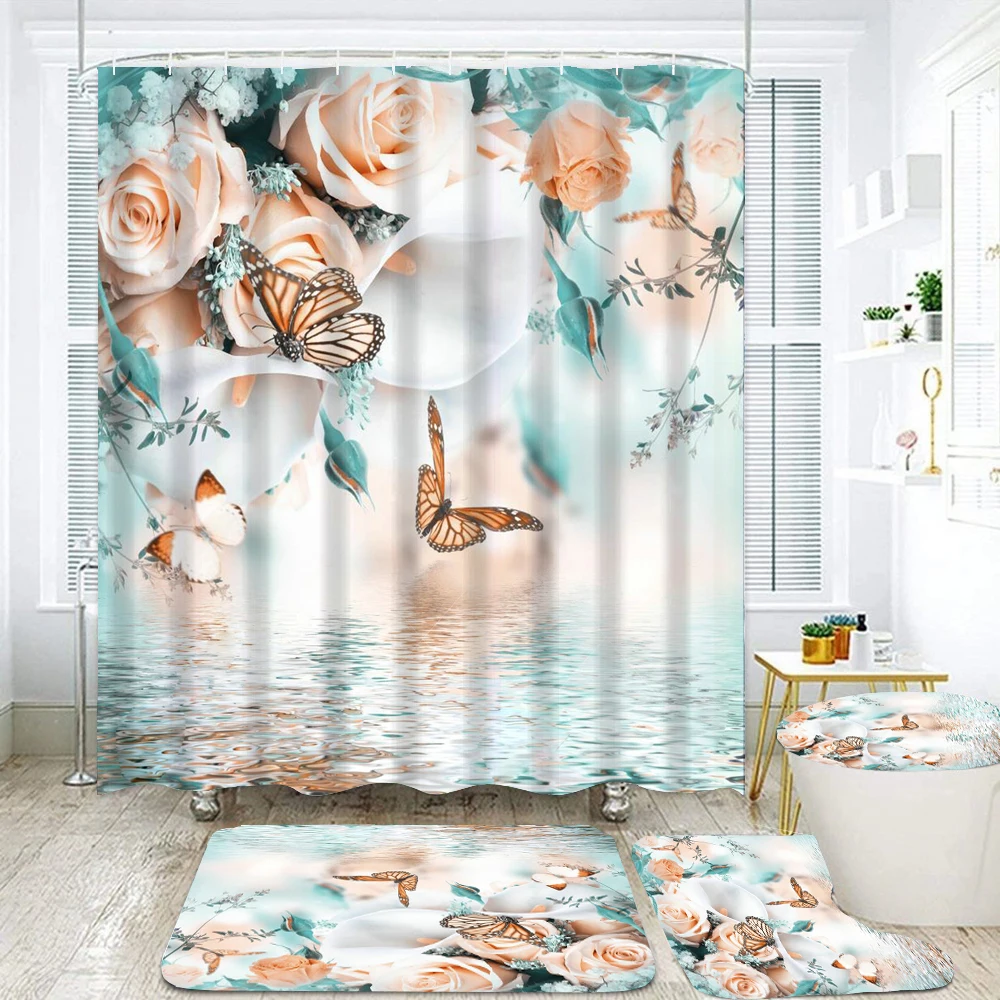 Flowers Butterfly Print Shower Curtains 4 Piece Carpet Toilet Cover Bath Mat Pad Set Bathroom Curtain with 12 Hooks Home Decor