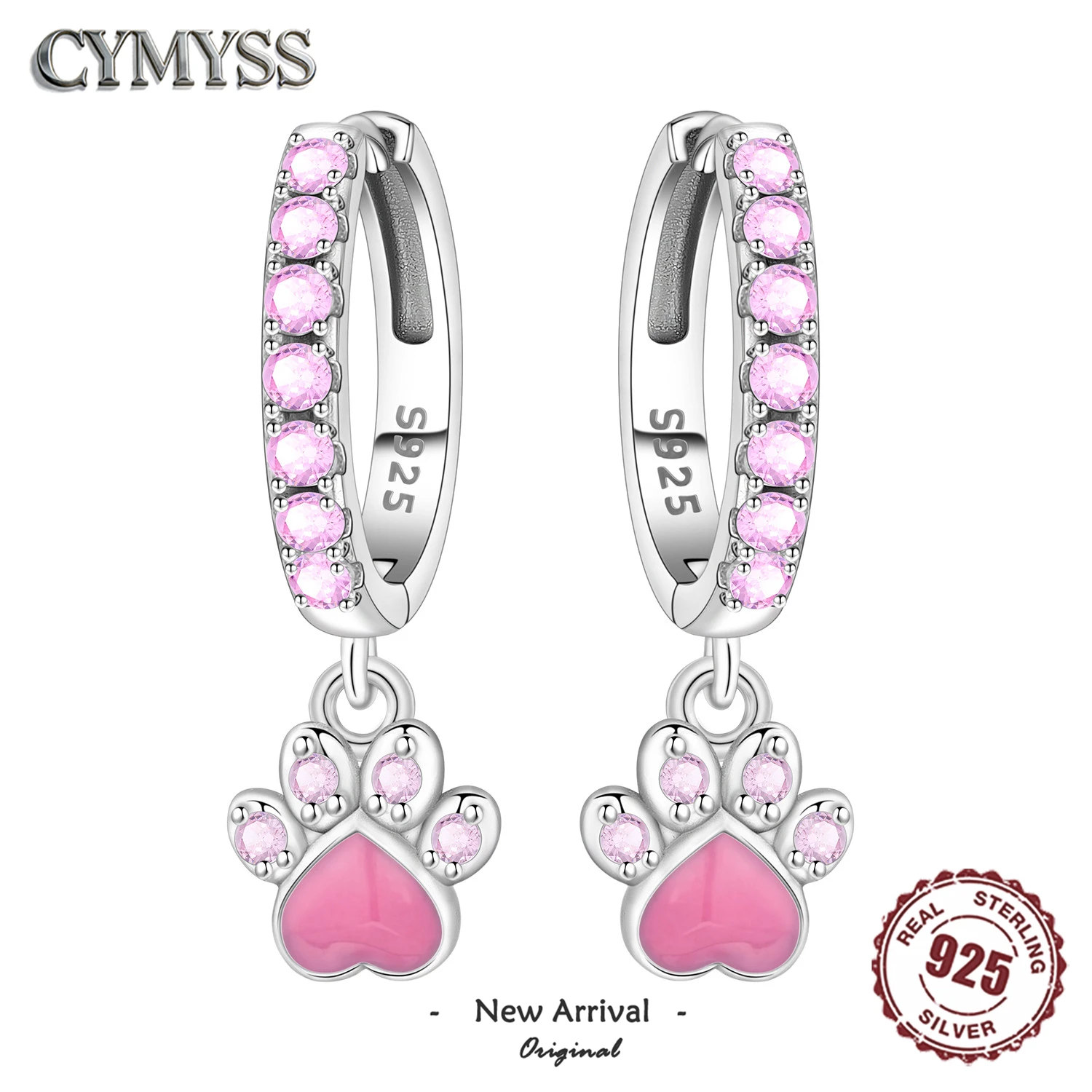Hot Sale Original 925 Sterling Silver Zircon Pink Paw Print Earrings Heart Flower Leaf Design Women Party Jewelry Gift Ear Loops