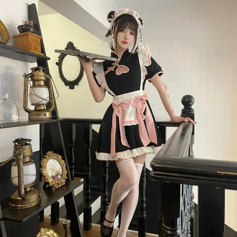จีนCheongsamแม่บ้านCosplayอะนิเมะญี่ปุ่นLolitaแมวสาวพนักงานเสิร์ฟสีชมพูหวานBow HollowฮาโลวีนGothic QiPaoชุด 2024